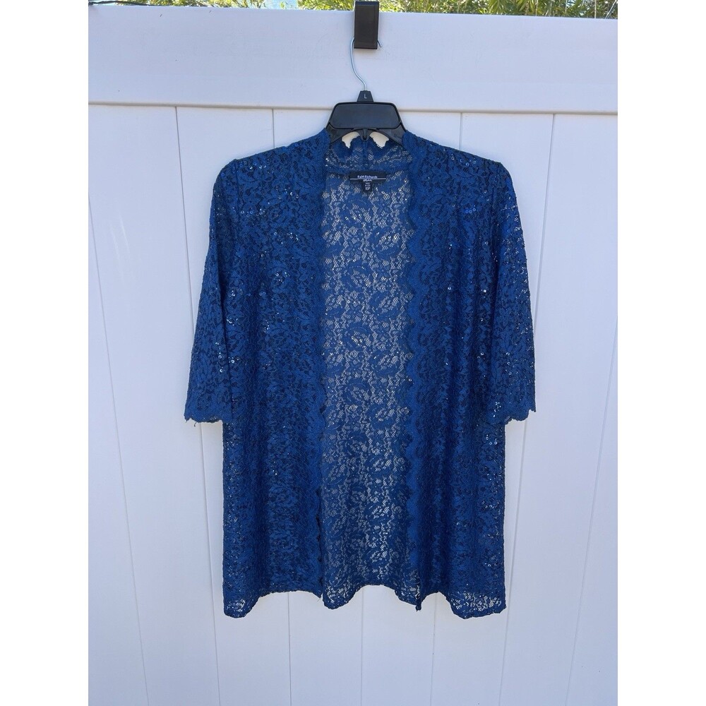 R&M Richards Top Womens Lace Open Front Cardigan Jacket Sheer Blue Petite PM